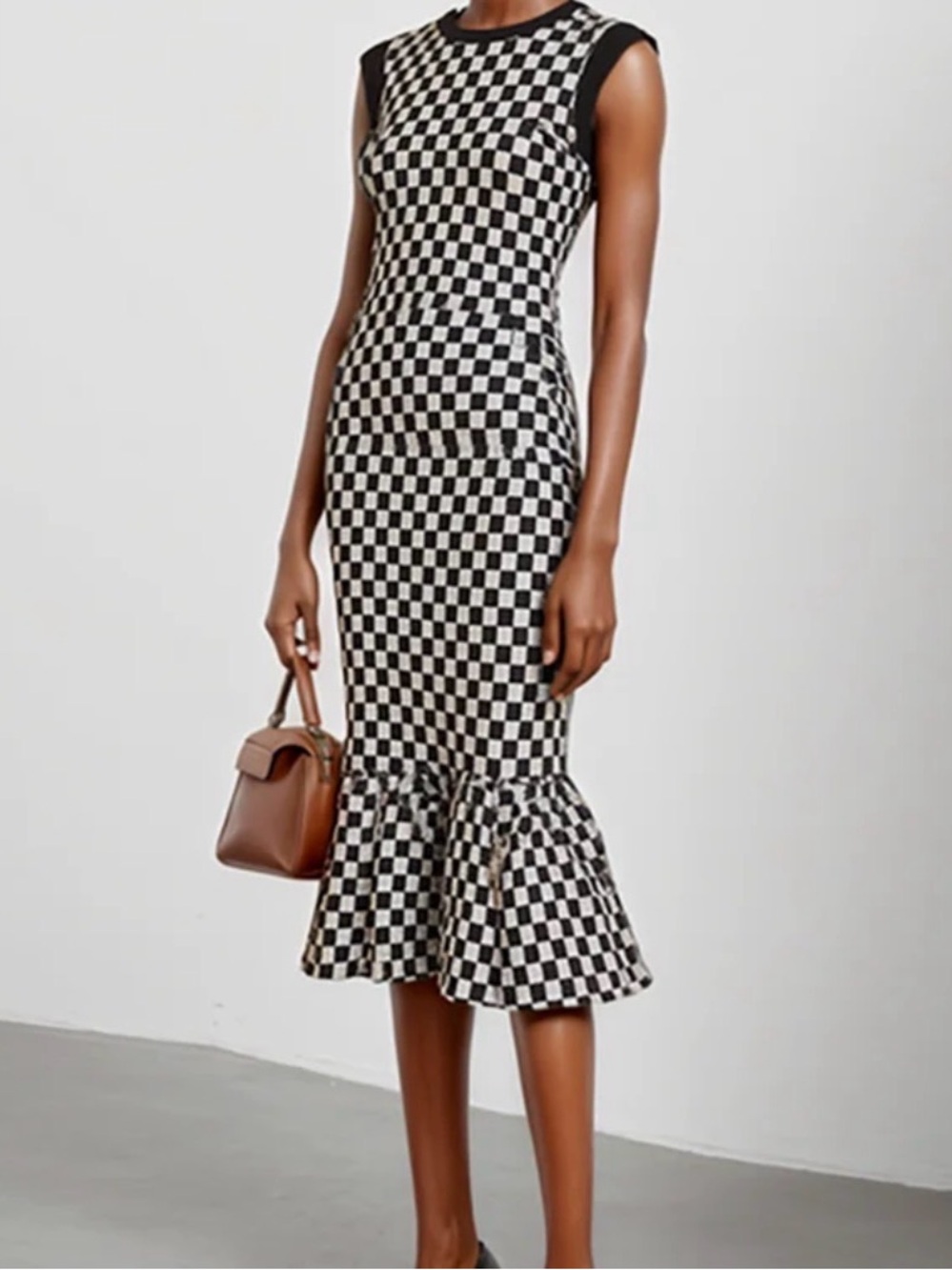 Fehaute Sleeveless Black and White Checkered Mermaid Midi Knit Dress (xl)